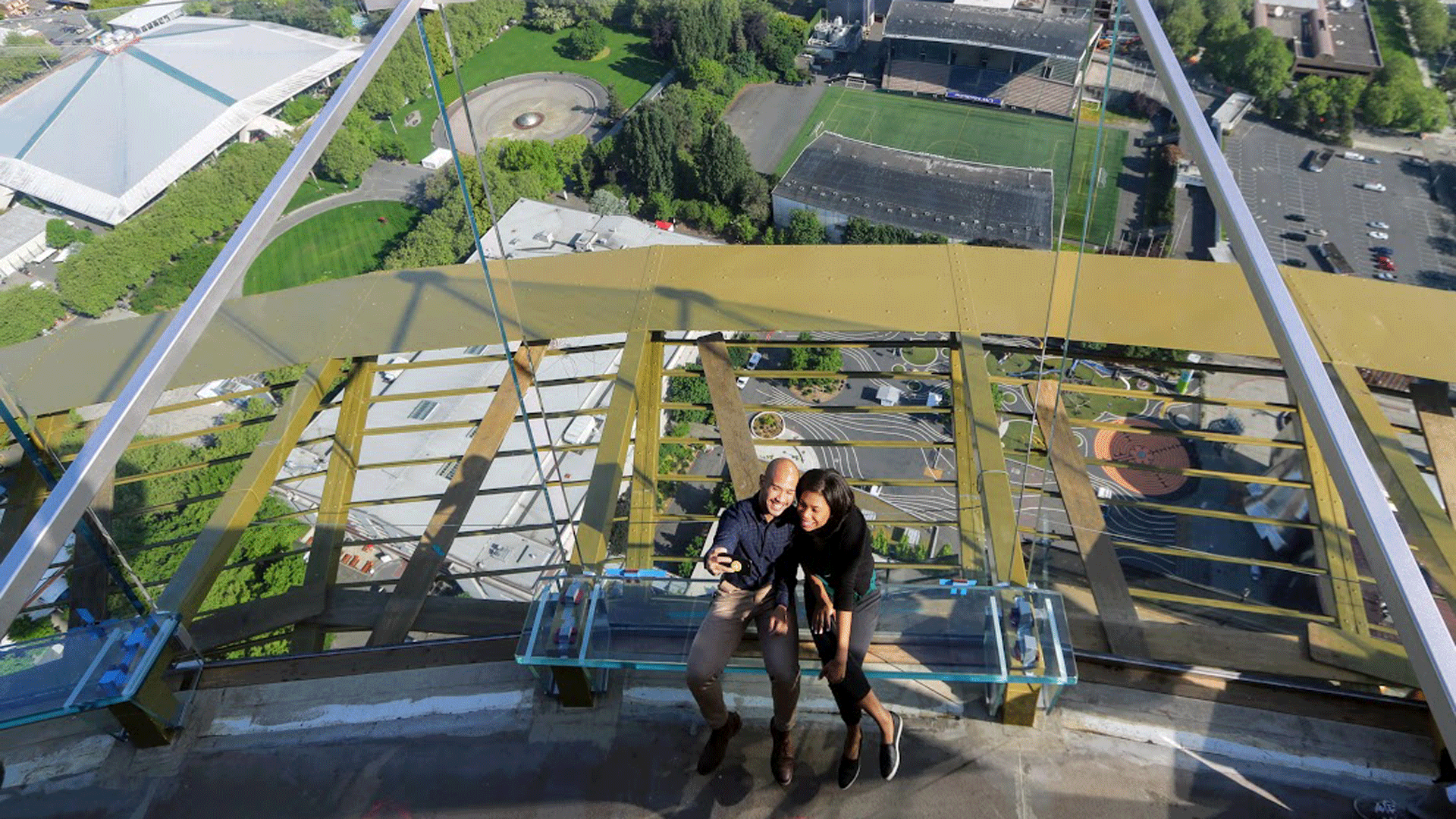 Couple taking a selfie on the space needle