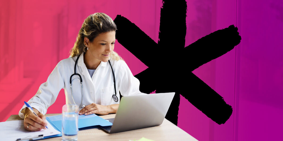 Doctor working on a computer with a pink and purple ombre Kopius logo behind her.