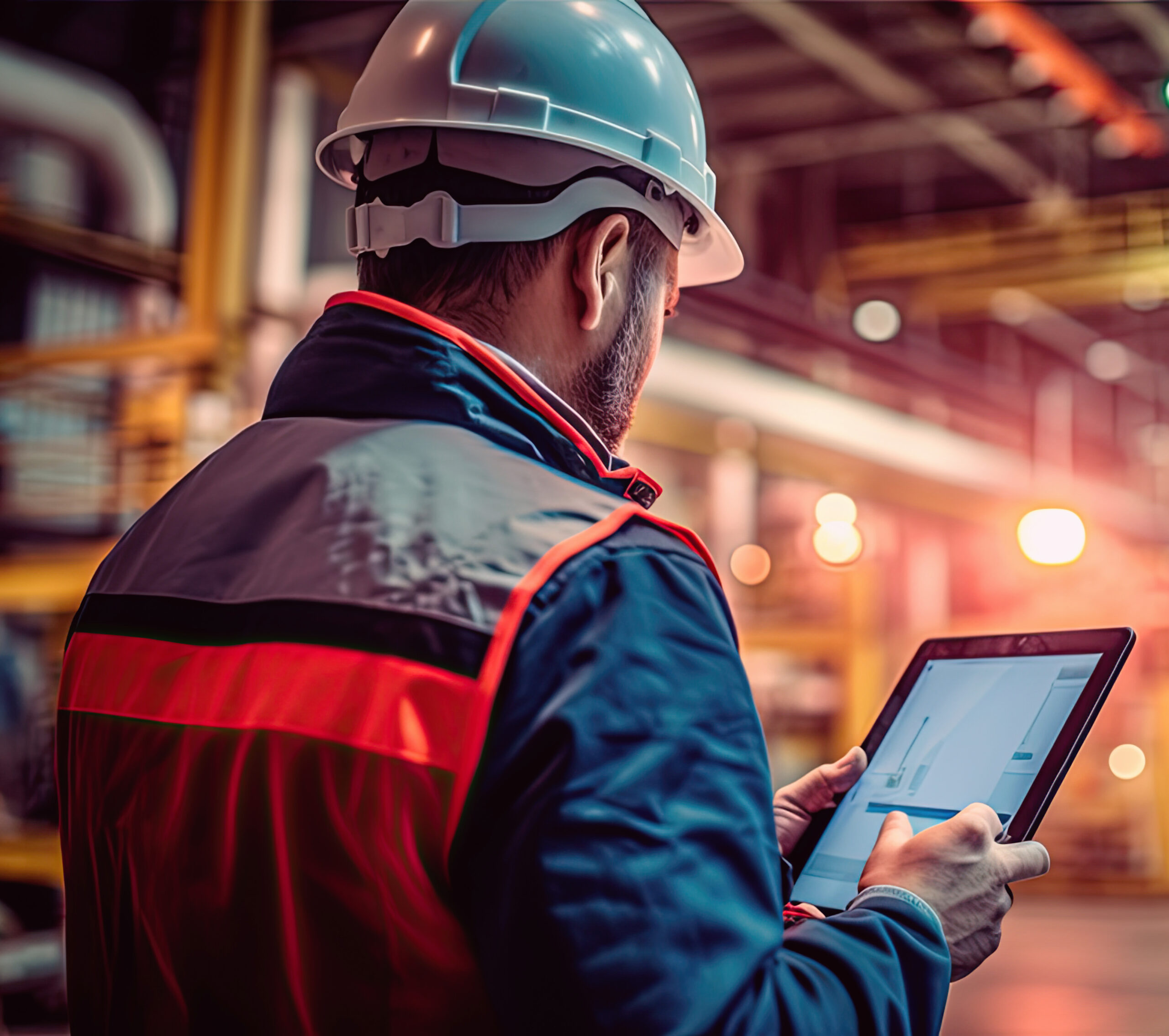 Man in a hard hat reviewing data on a tablet